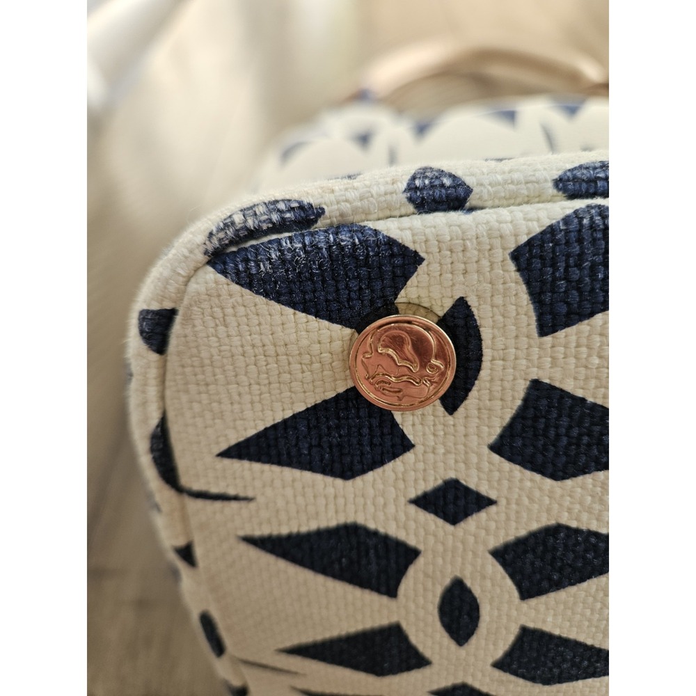 Spartina 449 Bucket Bag Blue Geo Linen Leather Drawstring Nautical Coastal Chic - Picture 7 of 16